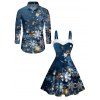 Christmas Snowflake Light Point Print Mini Dress and Turn Down Collar Casual Button-up Shirt Outfit - Bleu de Minuit S | US 4