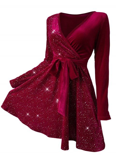 Mini Robe Ceinturée en Couleur Unie à Manches Longues en Velours à Paillettes