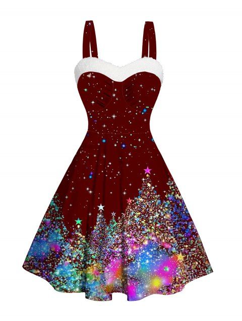 Mini Robe Arbre de Noël Brillant Imprimé avec Fausse Fourrure