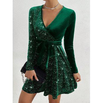 Solid Color V-Neck Sequin Velvet Dress Long Sleeves Belt Mini Dress 