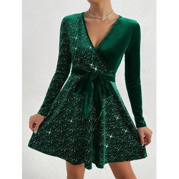 Solid Color V-Neck Sequin Velvet Dress Long Sleeves Belt Mini Dress 