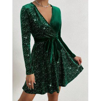 Solid Color V-Neck Sequin Velvet Dress Long Sleeves Belt Mini Dress 