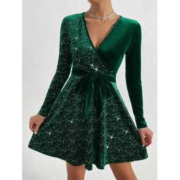 Solid Color V-Neck Sequin Velvet Dress Long Sleeves Belt Mini Dress