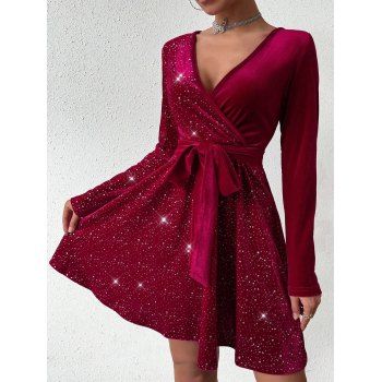 Solid Color V-Neck Sequin Velvet Dress Long Sleeves Belt Mini Dress 
