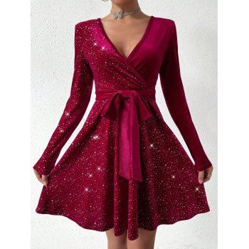 Solid Color V-Neck Sequin Velvet Dress Long Sleeves Belt Mini Dress 