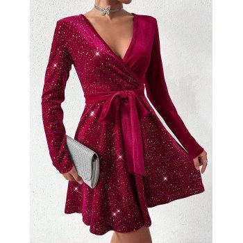 Solid Color V-Neck Sequin Velvet Dress Long Sleeves Belt Mini Dress 