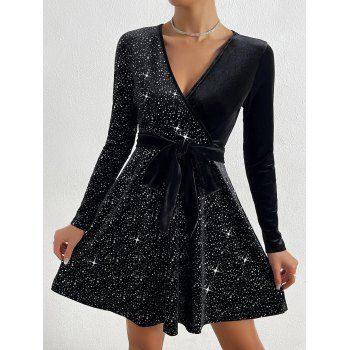 Solid Color V-Neck Sequin Velvet Dress Long Sleeves Belt Mini Dress