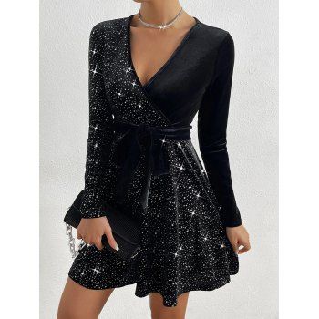 Solid Color V-Neck Sequin Velvet Dress Long Sleeves Belt Mini Dress 