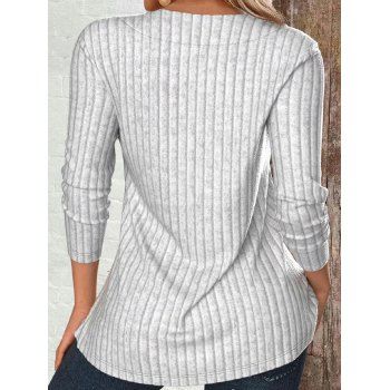 Irregular V-Neck Ribbed Fabric Buttons Decor Long-Sleeve Top 