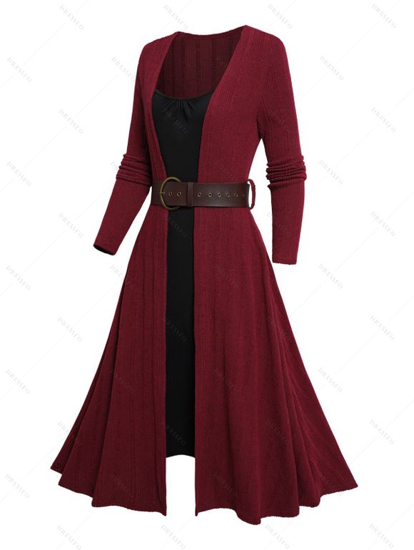 Rib Contrast Long Sleeve 2 In 1 Knit Dress and Zip Up Chunky Heel Punk Boots Life Tree Pattern Hoop Drop Earrings Outfit - Rouge foncé S | US 4