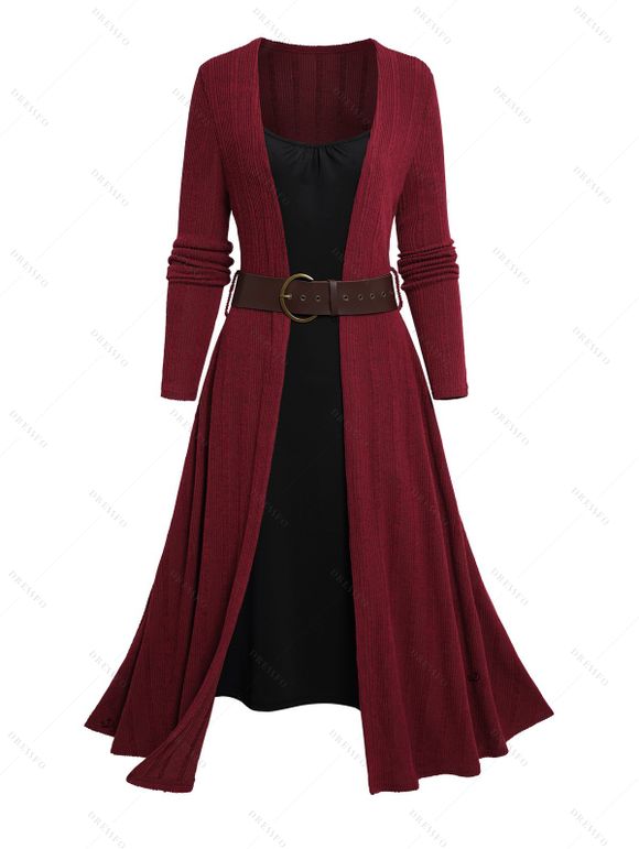 Rib Contrast Long Sleeve 2 In 1 Knit Dress and Zip Up Chunky Heel Punk Boots Life Tree Pattern Hoop Drop Earrings Outfit - Rouge foncé S | US 4