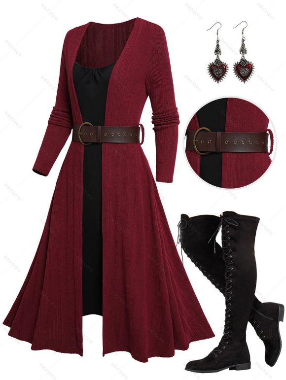 Rib Contrast Belt 2 In 1 Knit Dress and Lace Up Over The Knee Boots Heart Rose Rivet Earrings Outfit - Rouge foncé S | US 4