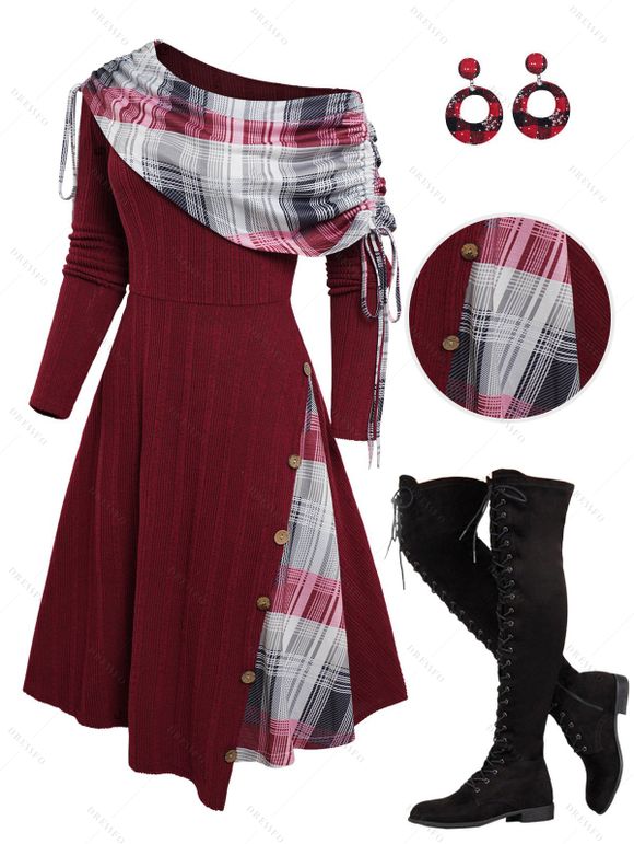 Plaid Patchwork Off The Shoulder Cinched Asymmetric Dress And Lace Up Over The Knee Boots Snowflake Drop Earrings Outfit - Rouge foncé S | US 4