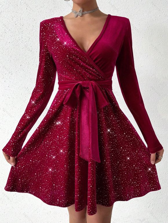 Mini Robe Ceinturée en Couleur Unie à Manches Longues en Velours à Paillettes - Rouge foncé L | US 8