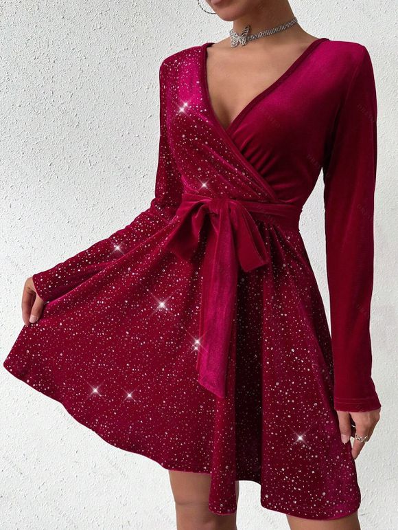 Mini Robe Ceinturée en Couleur Unie à Manches Longues en Velours à Paillettes - Rouge foncé L | US 8