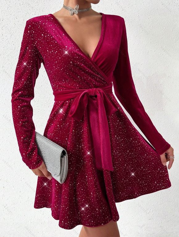 Mini Robe Ceinturée en Couleur Unie à Manches Longues en Velours à Paillettes - Rouge foncé L | US 8
