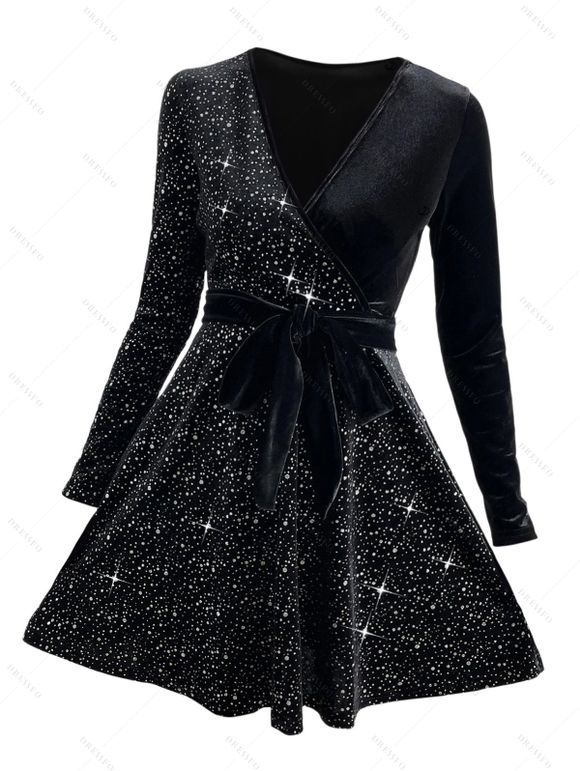 Mini Robe Ceinturée en Couleur Unie à Manches Longues en Velours à Paillettes - Noir M | US 6