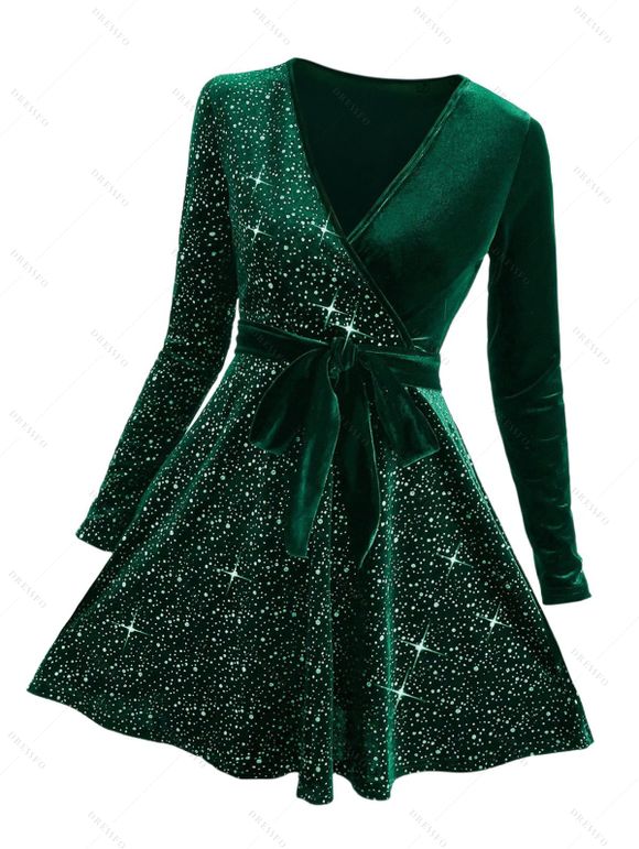 Mini Robe Ceinturée en Couleur Unie à Manches Longues en Velours à Paillettes - Vert profond XXL | US 12