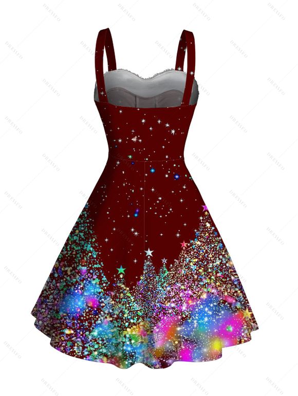 Robe mini à imprimé sapin de Noël scintillant, empiècements en fausse fourrure, décolleté cœur et buste froncé. - Rouge foncé XXXXXL | US 20