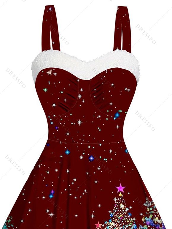Robe mini à imprimé sapin de Noël scintillant, empiècements en fausse fourrure, décolleté cœur et buste froncé. - Rouge foncé XXXXXL | US 20