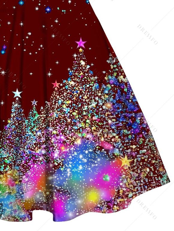 Robe mini à imprimé sapin de Noël scintillant, empiècements en fausse fourrure, décolleté cœur et buste froncé. - Rouge foncé XXXXXL | US 20