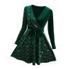 Solid Color V-Neck Sequin Velvet Dress Long Sleeves Belt Mini Dress