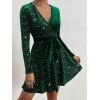 Mini Robe Ceinturée en Couleur Unie à Manches Longues en Velours à Paillettes - Vert profond S | US 4