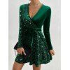 Mini Robe Ceinturée en Couleur Unie à Manches Longues en Velours à Paillettes - Vert profond S | US 4