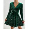 Mini Robe Ceinturée en Couleur Unie à Manches Longues en Velours à Paillettes - Vert profond S | US 4