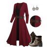 Rib Contrast Long Sleeve 2 In 1 Knit Dress and Zip Up Chunky Heel Punk Boots Life Tree Pattern Hoop Drop Earrings Outfit