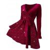 Mini Robe Ceinturée en Couleur Unie à Manches Longues en Velours à Paillettes - Rouge foncé L | US 8