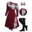 Plaid Patchwork Off The Shoulder Cinched Asymmetric Dress And Lace Up Over The Knee Boots Snowflake Drop Earrings Outfit - Rouge foncé S | US 4