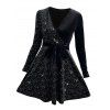 Solid Color V-Neck Sequin Velvet Dress Long Sleeves Belt Mini Dress