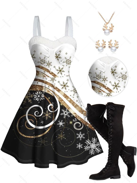 Christmas Glitter Snowflake Print Faux Fur Panel A Line Mini Dress And Lace Up Over The Knee Boots Christmas Elk Faux Pearl Earrings Necklace Outfit - Noir S | US 4