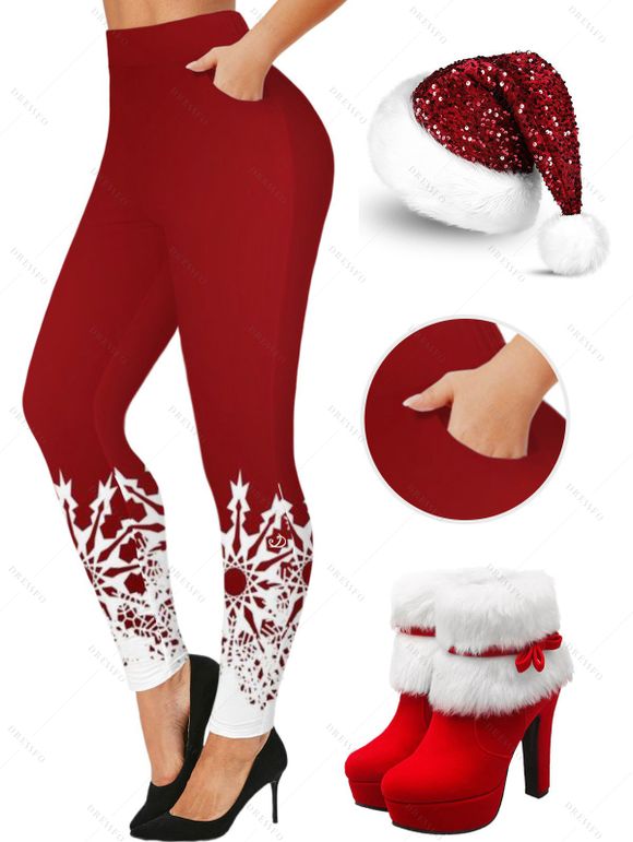 Christmas Contrast Snowflake Print Leggings And Suede Faux Fur High Heel Boots Sequined Cap Outfit - Rouge foncé S | US 4