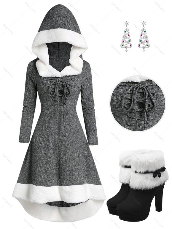 Lace Up Faux Fur Panel High Low Knit Hooded Dress And Warmth High Heel Boots Christmas Tree Drop Earrings Outfit - Gris S | US 4