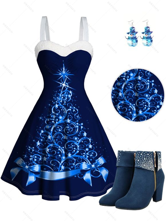 Christmas Tree Light Point Print Mini Dress And Faux Rhinestones Chunky Heels Ankle Boots Snowman Acrylic Drop Earrings Outfit - Bleu profond S | US 4