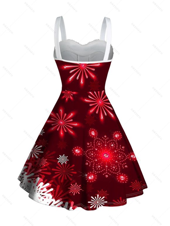 Christmas Galaxy Snowflake Print Sweetheart Neck Mini Dress And Faux Fur Warmth High Heeled Boots Gnome Wine Earrings Outfit - Rouge foncé S | US 4