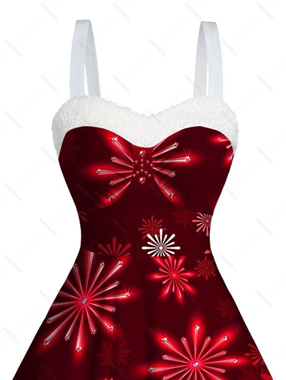 Christmas Galaxy Snowflake Print Sweetheart Neck Mini Dress And Faux Fur Warmth High Heeled Boots Gnome Wine Earrings Outfit - Rouge foncé S | US 4
