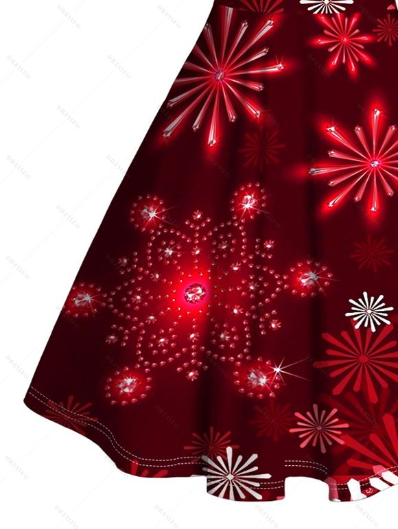 Christmas Galaxy Snowflake Print Sweetheart Neck Mini Dress And Faux Fur Warmth High Heeled Boots Gnome Wine Earrings Outfit - Rouge foncé S | US 4