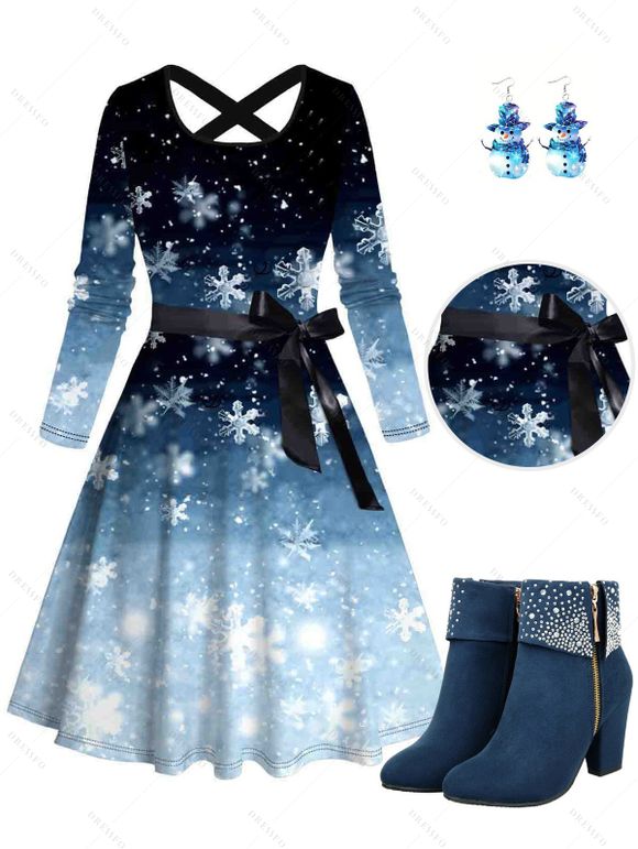 Christmas Ombre Snowflake Print Belted Midi Dress And Rhinestones Chunky Heels Ankle Boots Snowman Acrylic Drop Earrings Outfit - Bleu S | US 4