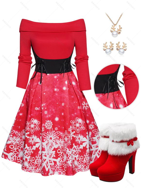 Christmas Off The Shoulder Snowflake Print Foldover Lace Up Mini Dress And Contrast Faux Fur High Heel Boots Elk Chain Necklace Earrings Outfit - Rouge S | US 4