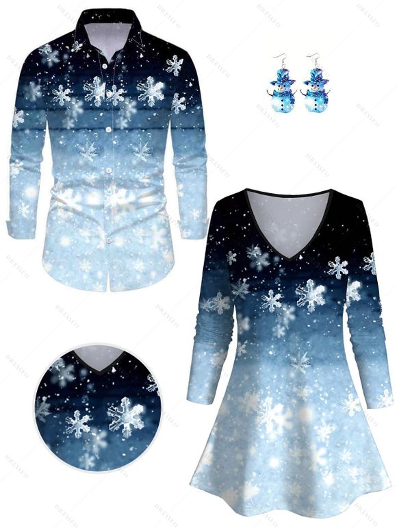 Christmas Snowflake Galaxy Ombre Print V Neck T-shirt And Long Sleeve Shirt Snowman Drop Earrings Set Couple Outfit - Bleu S | US 4