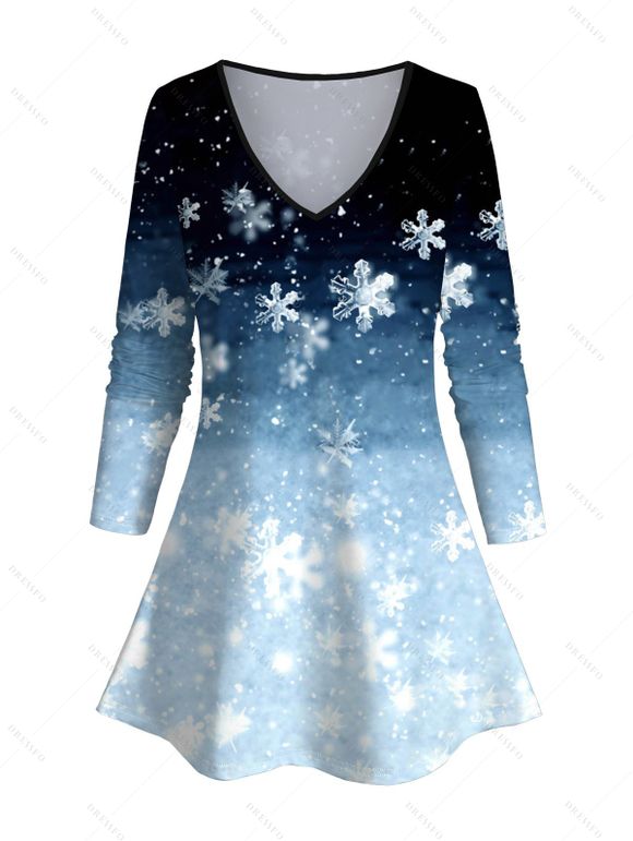 Christmas Snowflake Galaxy Ombre Print V Neck T-shirt And Long Sleeve Shirt Snowman Drop Earrings Set Couple Outfit - Bleu S | US 4