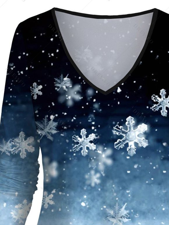 Christmas Snowflake Galaxy Ombre Print V Neck T-shirt And Long Sleeve Shirt Snowman Drop Earrings Set Couple Outfit - Bleu S | US 4