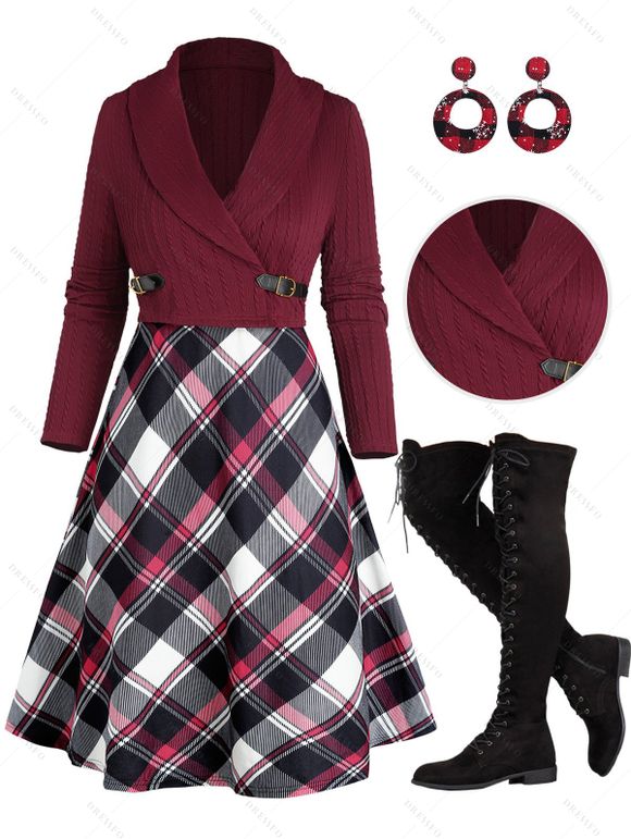 Twist Stripe Texture Shawl Collar Knit Top Plaid Spaghetti Strap Dress And Lace Up Over The Knee Boots Christmas Snowflake Drop Earrings Outfit - Rouge foncé S | US 4