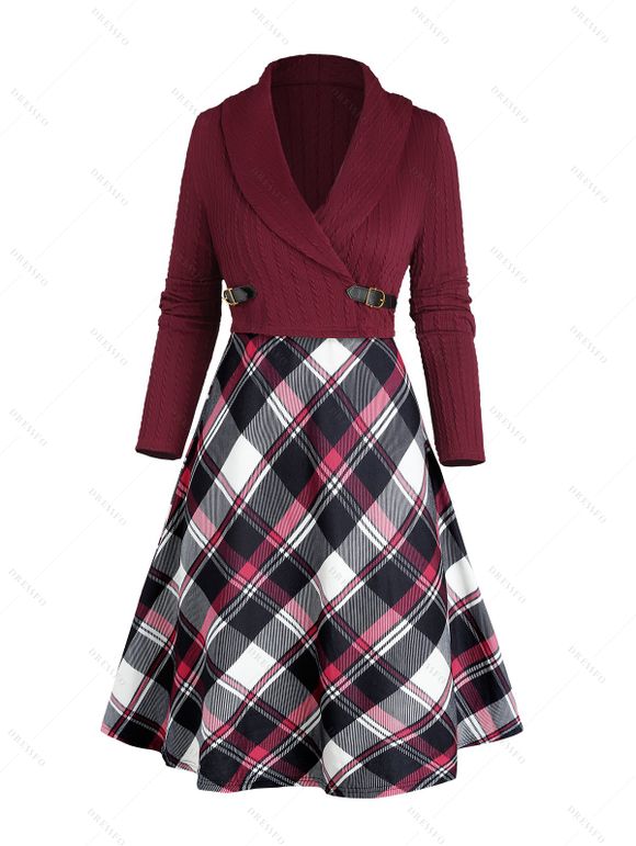 Twist Stripe Texture Shawl Collar Knit Top Plaid Spaghetti Strap Dress And Lace Up Over The Knee Boots Christmas Snowflake Drop Earrings Outfit - Rouge foncé S | US 4