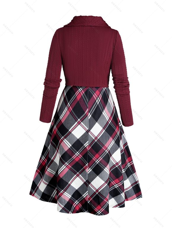 Twist Stripe Texture Shawl Collar Knit Top Plaid Spaghetti Strap Dress And Lace Up Over The Knee Boots Christmas Snowflake Drop Earrings Outfit - Rouge foncé S | US 4