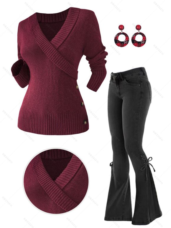 Plunge Shawl Neck Mock Button Ribbed Hem Sweater And Lace Up Split Hem Flare Jeans Plaid Drop Earrings Outfit - Rouge foncé S | US 4