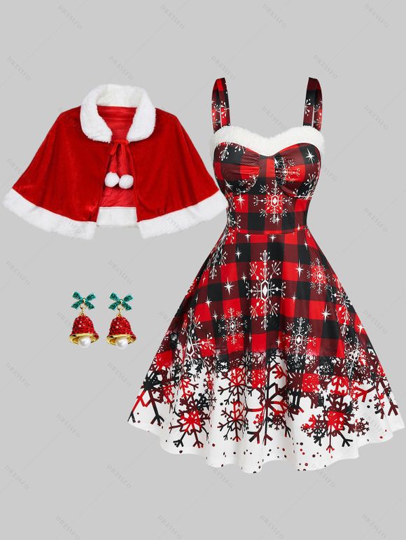 Christmas Plaid Snowflake Stars Print Mini Dress And Faux Fur Panel Colorblock Fuzzy Ball Cape Rhinestone Bell Drop Earrings Outfit - Rouge S | US 4